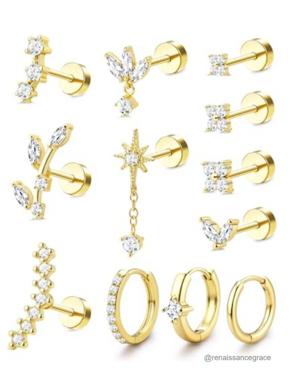 Gold Cartilage Earrings 12pc Set 16G Surgical Steel Hypoallergenic Tragus Helix